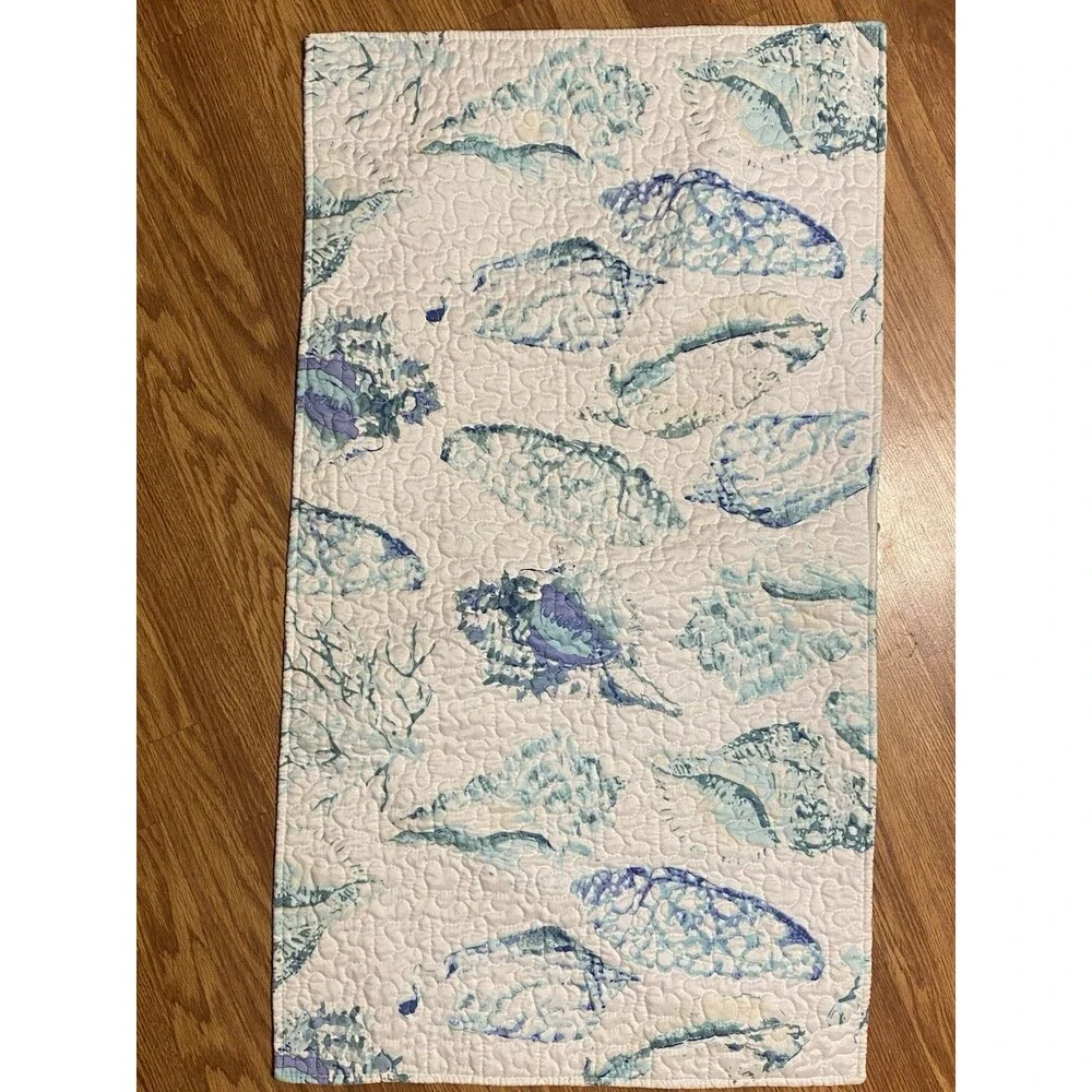 Teal White Quilted Pillow Cover Sham Nautical Coastal Beach Shells Sea Set of 2